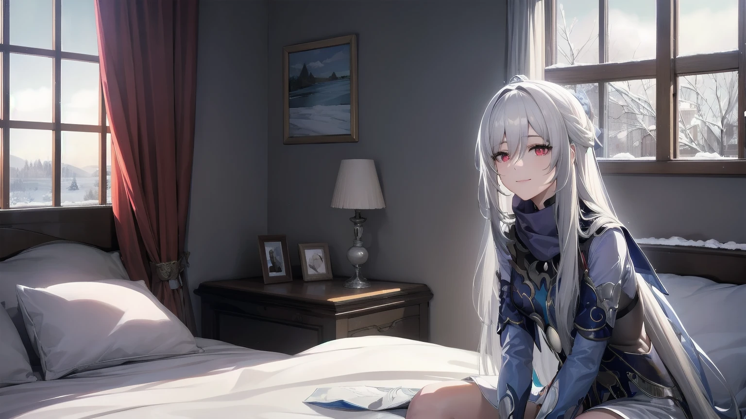 masterpiece, best quality, JingliuV5, white hair, long hair, red eyes, white dress, white sailor collar, white scarf, sitting on bed, indoors, bedroom, windows, blue sky, winter, snow, warm smile, upper body. closed mouth,