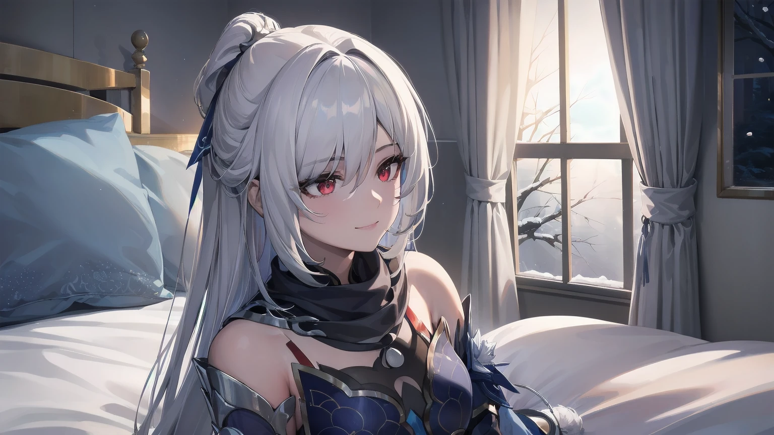 masterpiece, best quality, JingliuV5, white hair, long hair, red eyes, white dress, white sailor collar, white scarf, sitting on bed, indoors, bedroom, windows, blue sky, winter, snow, warm smile, upper body. closed mouth,