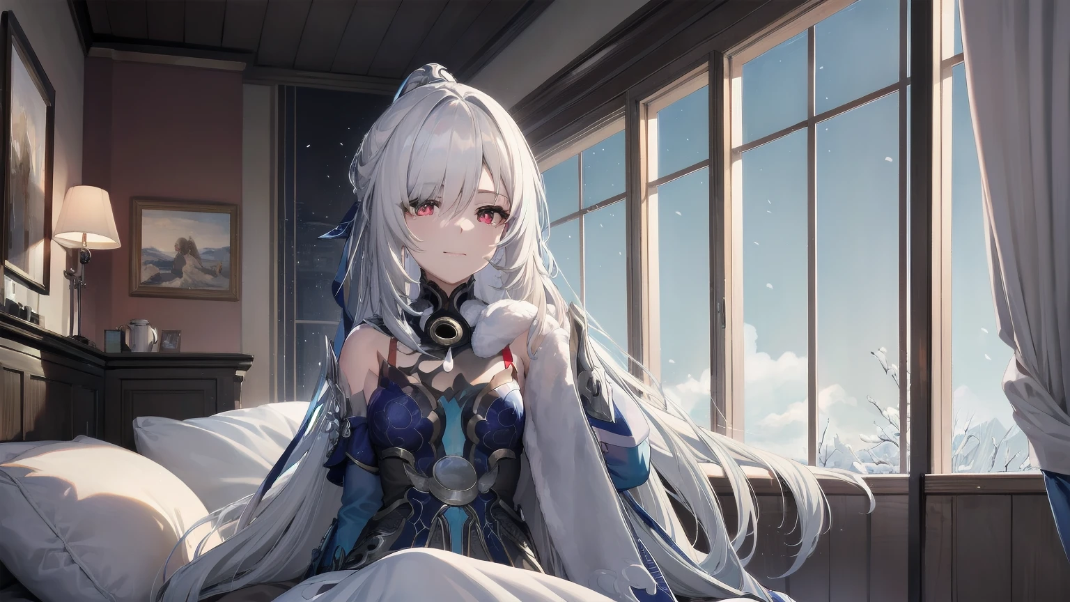 masterpiece, best quality, JingliuV5, white hair, long hair, red eyes, white dress, white sailor collar, white scarf, sitting on bed, indoors, bedroom, windows, blue sky, winter, snow, warm smile, upper body. closed mouth,