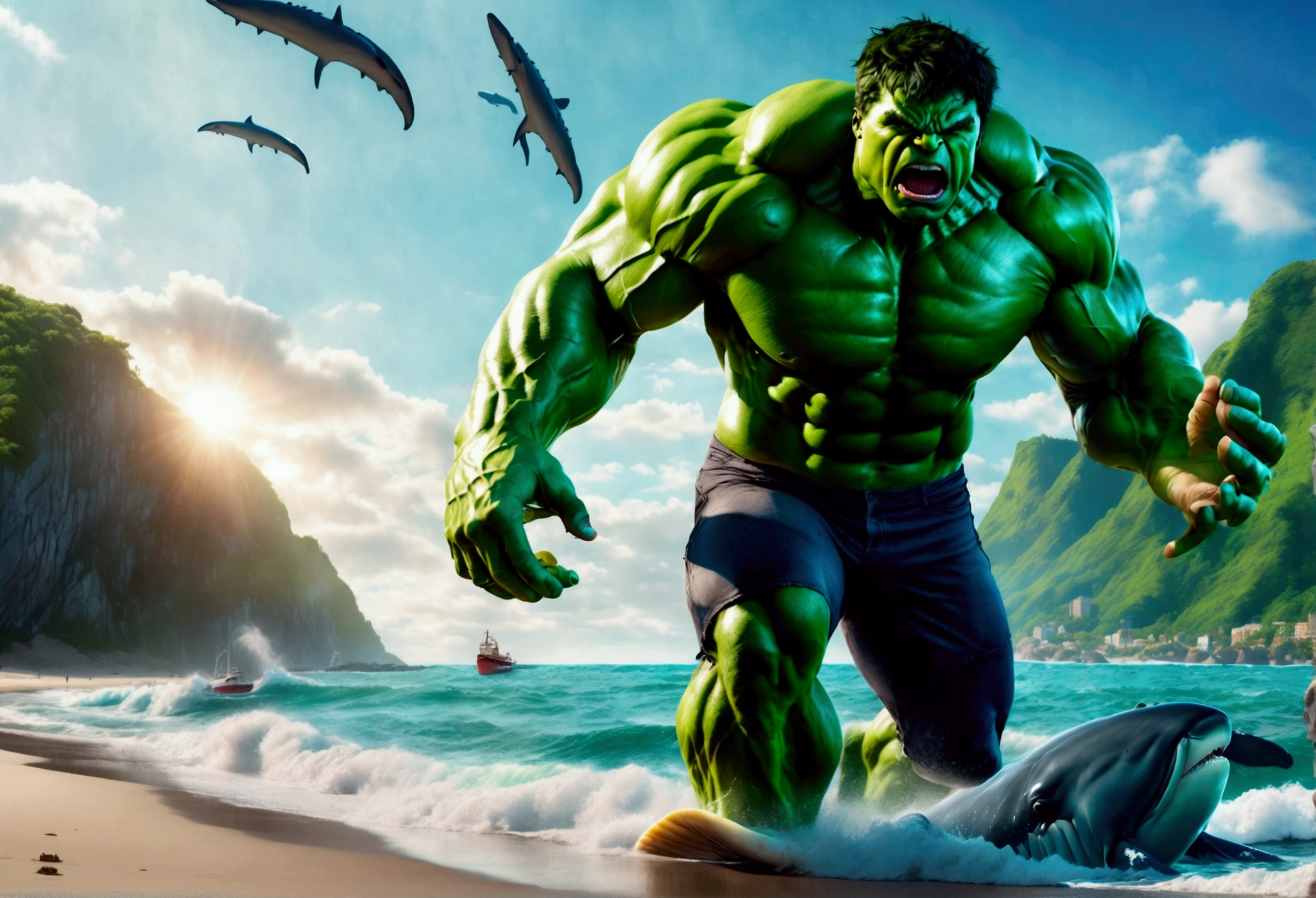 A muscular green humanoid figure, The Incredible Hulk, standing on a beach, has just thrown a massive whale back towards the ocean, the whale mid-air with huge eyes and an open shocked mouth, comical scene, (best quality,4k,8k,highres,masterpiece:1.2),ultra-detailed,(realistic,photorealistic,photo-realistic:1.37),hyperrealistic,3D render,dramatic lighting,vibrant colors,action pose,ocean background,beach setting
