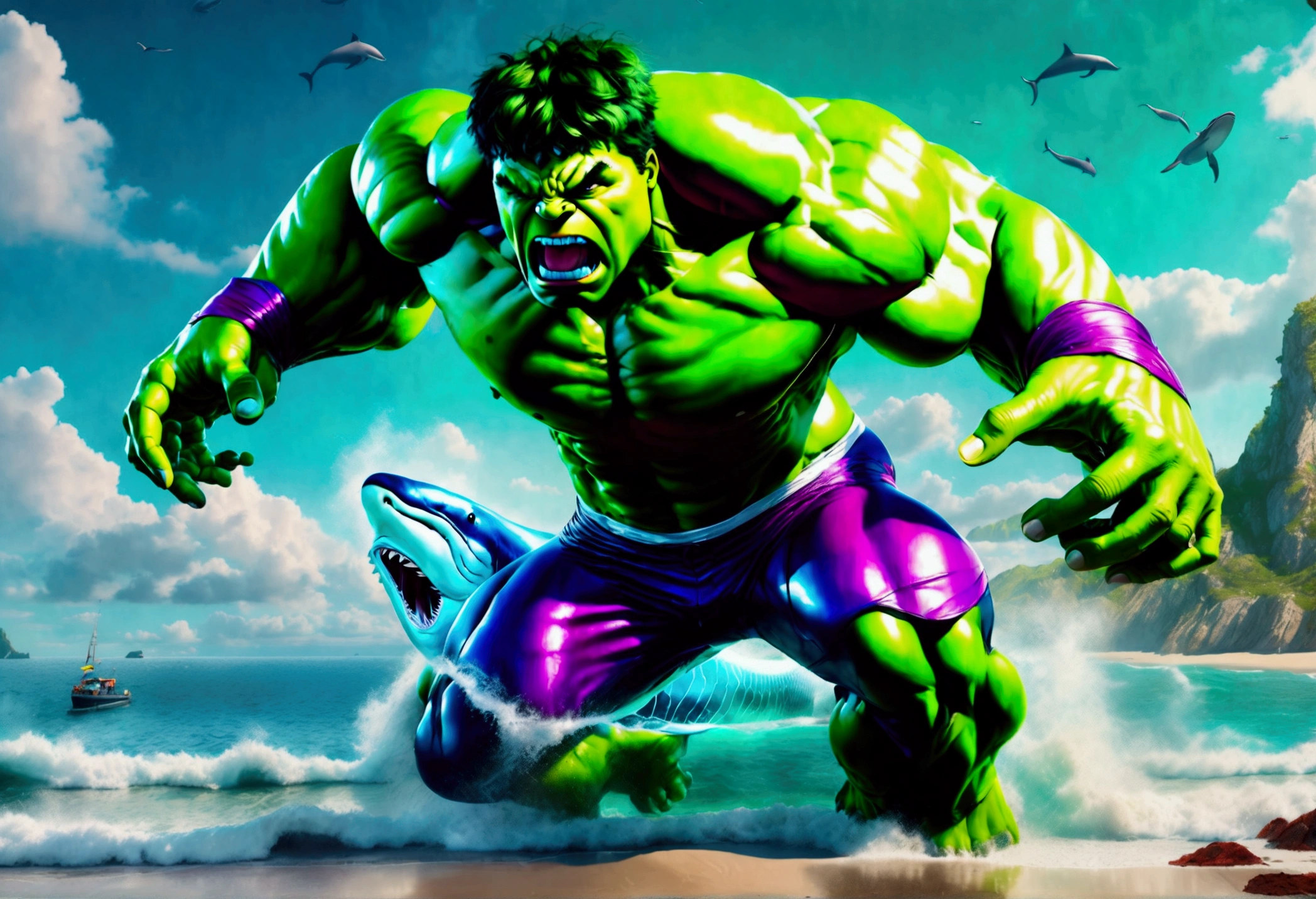 A muscular green humanoid figure, The Incredible Hulk, standing on a beach, has just thrown a massive whale back towards the ocean, the whale mid-air with huge eyes and an open shocked mouth, comical scene, (best quality,4k,8k,highres,masterpiece:1.2),ultra-detailed,(realistic,photorealistic,photo-realistic:1.37),hyperrealistic,3D render,dramatic lighting,vibrant colors,action pose,ocean background,beach setting