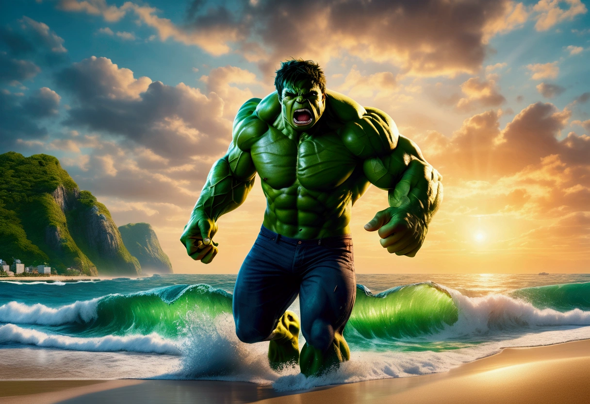 A muscular green humanoid figure, The Incredible Hulk, standing on a beach, has just thrown a massive whale back towards the ocean, the whale mid-air with huge eyes and an open shocked mouth, comical scene, (best quality,4k,8k,highres,masterpiece:1.2),ultra-detailed,(realistic,photorealistic,photo-realistic:1.37),hyperrealistic,3D render,dramatic lighting,vibrant colors,action pose,ocean background,beach setting