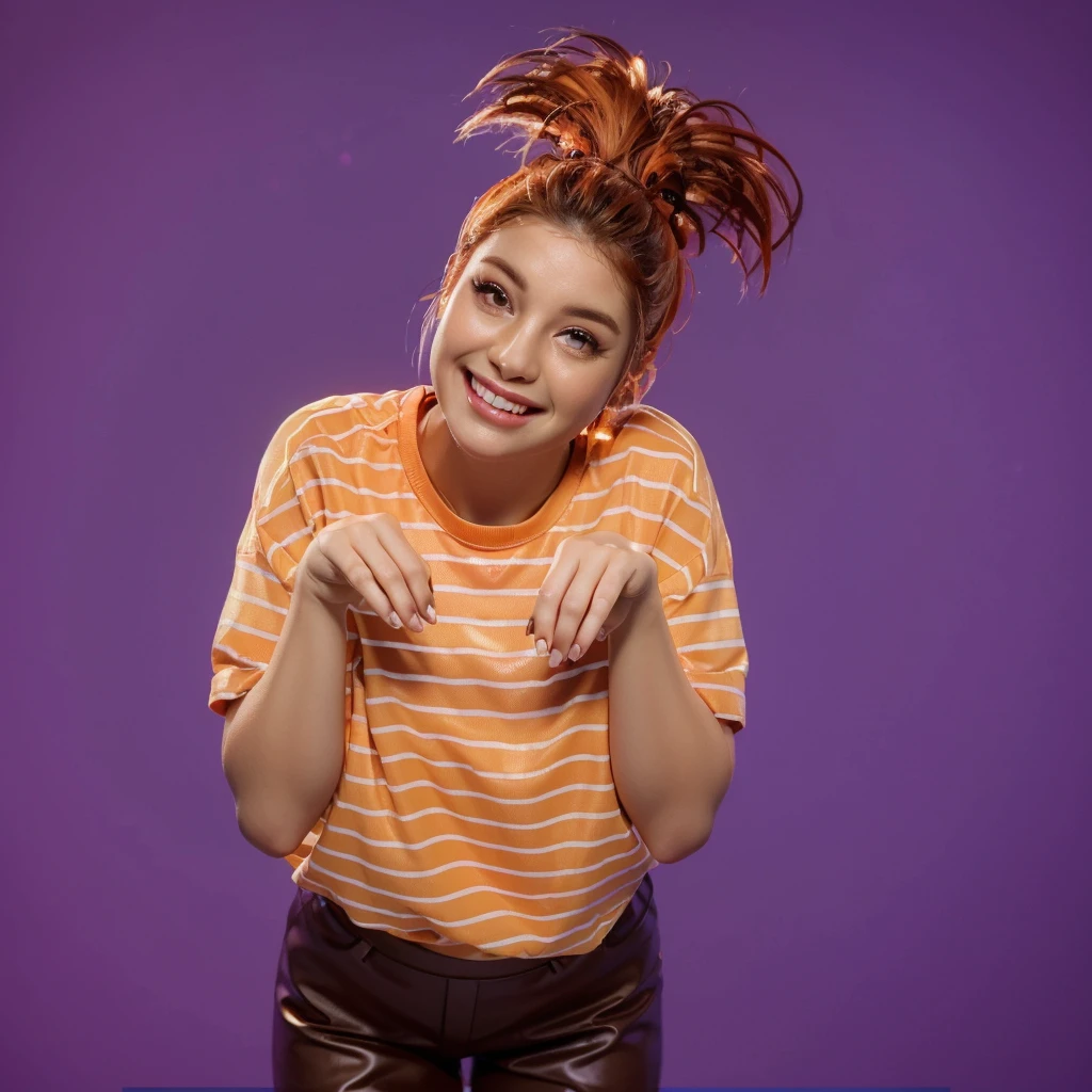 This image captures a young woman with vibrant, fiery orange hair styled in an exuberant updo, giving her a playful and energetic look. She is leaning forward playfully, resting her chin on her hands, with a beaming smile that lights up her face. Her makeup is cheerful and enhances her features, with peach-toned blush and matching eyeshadow. She's wearing a casual, striped orange and white t-shirt that complements her bright hair. The purple background contrasts sharply with her hair and shirt, emphasizing her lively and joyful demeanor.аffects render, (glossy plastic texture with multiple big light probe refractions), perfect cgi, smooth silhouette, high intensity refraction, (super glossy plastic material), most beautiful vfx, , realistic, 4k, high resolution, rim light, smooth 3d model, multiple light sources, rim light, sharp post effects render,, realistic, 4k, high resolution, rim light detailed digital art, reflective, best quality, 4k, masterpiece:1.2, ultra-detailed, realistic, vivid colors, The image of the highest quality, ensuring every detail showcased perfectly. It in 4k resolution, allowing viewers to immerse themselves in the richness of the colors and intricate details. The realistic rendering. under the spotlight, reflecting, high-resolution image, realistic rendering
