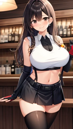 Highest quality, One girl, alone, View your viewers, blush, Captivating smile, White tank top, Black Skirt, Suspender skirt, abdomen, Black knee socks, Red gloves, good, zettai ryouiki, I had already finished, Tilt your head, bar counter,Large Breasts