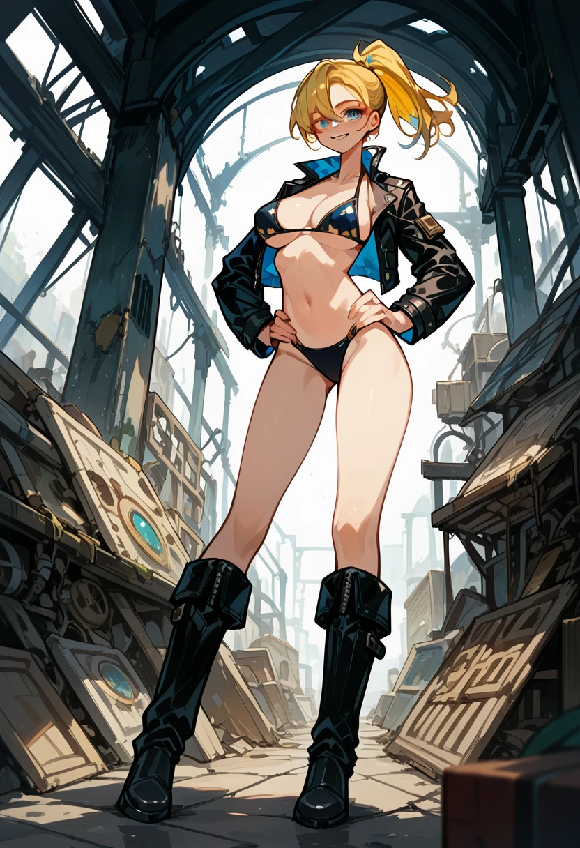 Masterpiece, best quality, Masterpiece, best quality, 1 woman , blue eyes , yellow ponytail , black leather jacket , sly face , smile , bikini , abdomen, big breasts , Long legs , boots , hands on hips , abandoned factory , at night