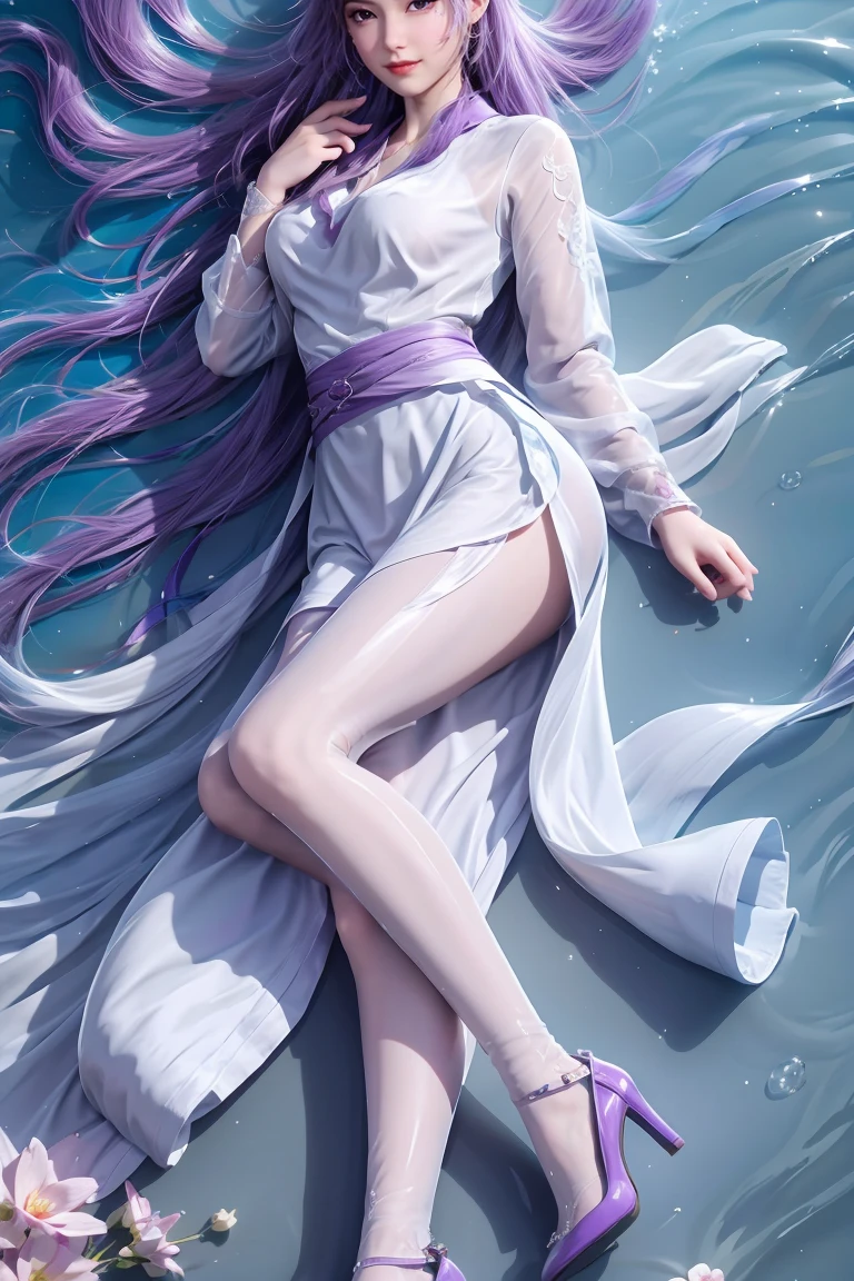 Chinese purple cheongsam，Long legs，In the bedroom，full-body shot，Wearing purple high heels，Lying in the water