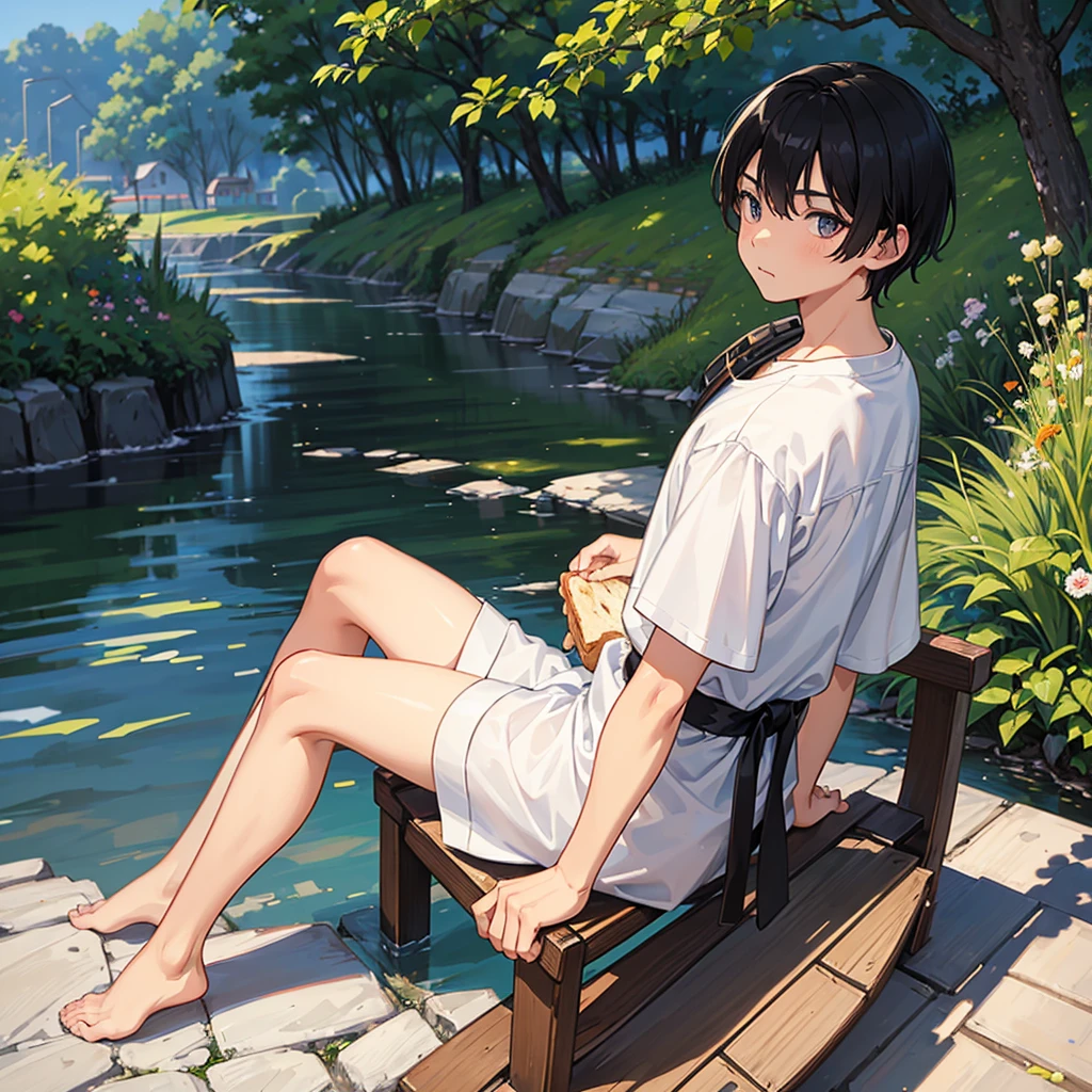 Only 1 18 year old boy, slim black haired, smooth and very short, typical asian, bowl bangs. Big, dark, wide eyes. Your mouth half open. Your face is full and slightly pointed. The boy is in a relaxed pose sitting on a bench with a surprised expression. He is holding a piece of bread that has a bitten off slice. He is chewing a slice of bread. Background, a typical countryside landscape that is a little blurred, since the attention is on him. He was caught off guard by the camera, so your cheeks are a little flushed. He wears a dark short that goes up to his knees and a white t-shirt.
