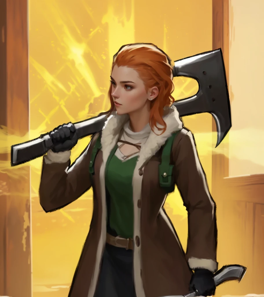 there is a woman holding a large ax in her hand, female blacksmith, attacking with axe, female dwarven blacksmith, epic rpg portrait, holding axe, with axe, with a two handed axe, wielding an axe, female gnome artificer, portrait of female rogue, with an axe, holding a poisonous axe, character icon, wielding a huge great axe