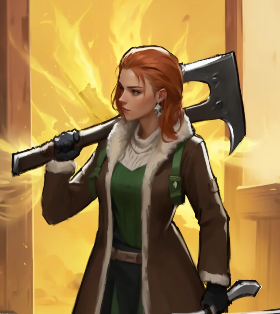 there is a woman holding a large ax in her hand, female blacksmith, attacking with axe, female dwarven blacksmith, epic rpg portrait, holding axe, with axe, with a two handed axe, wielding an axe, female gnome artificer, portrait of female rogue, with an axe, holding a poisonous axe, character icon, wielding a huge great axe