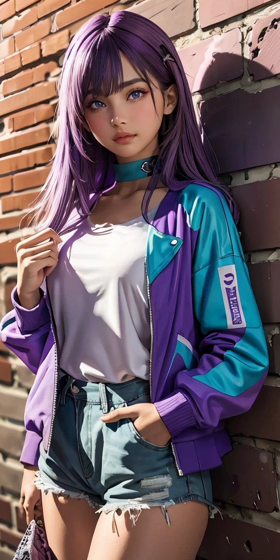 (masterpiece, best quality, 1girl, solo, intricate details, chromatic aberration), realistic, ((medium breath)),long hair, purple hair, purple head ornament, purple highlights, hair over one eye, green eyes, sharp eyes, choker, neon shirt, torn legwear, open jacket, turtleneck sweater, against wall, brick wall, graffiti, dim lighting, alley ,look at viewer,