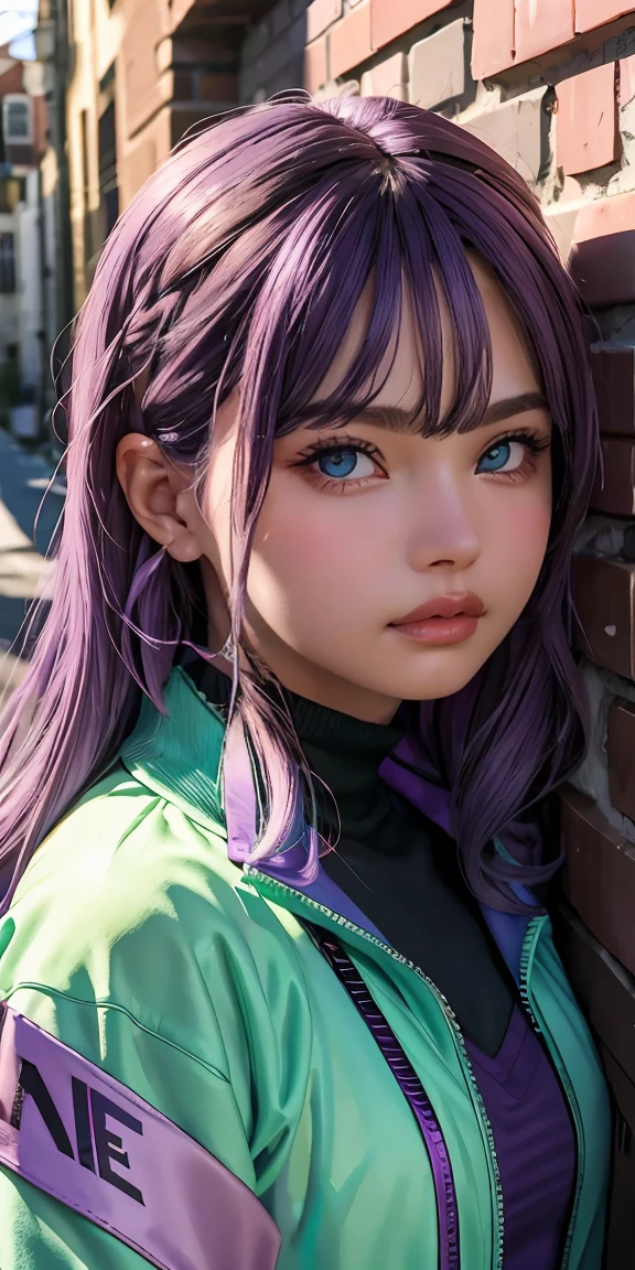 (masterpiece, best quality, 1girl, solo, intricate details, chromatic aberration), realistic, ((medium breath)),long hair, purple hair, purple head ornament, purple highlights, hair over one eye, green eyes, sharp eyes, choker, neon shirt, torn legwear, open jacket, turtleneck sweater, against wall, brick wall, graffiti, dim lighting, alley ,look at viewer,