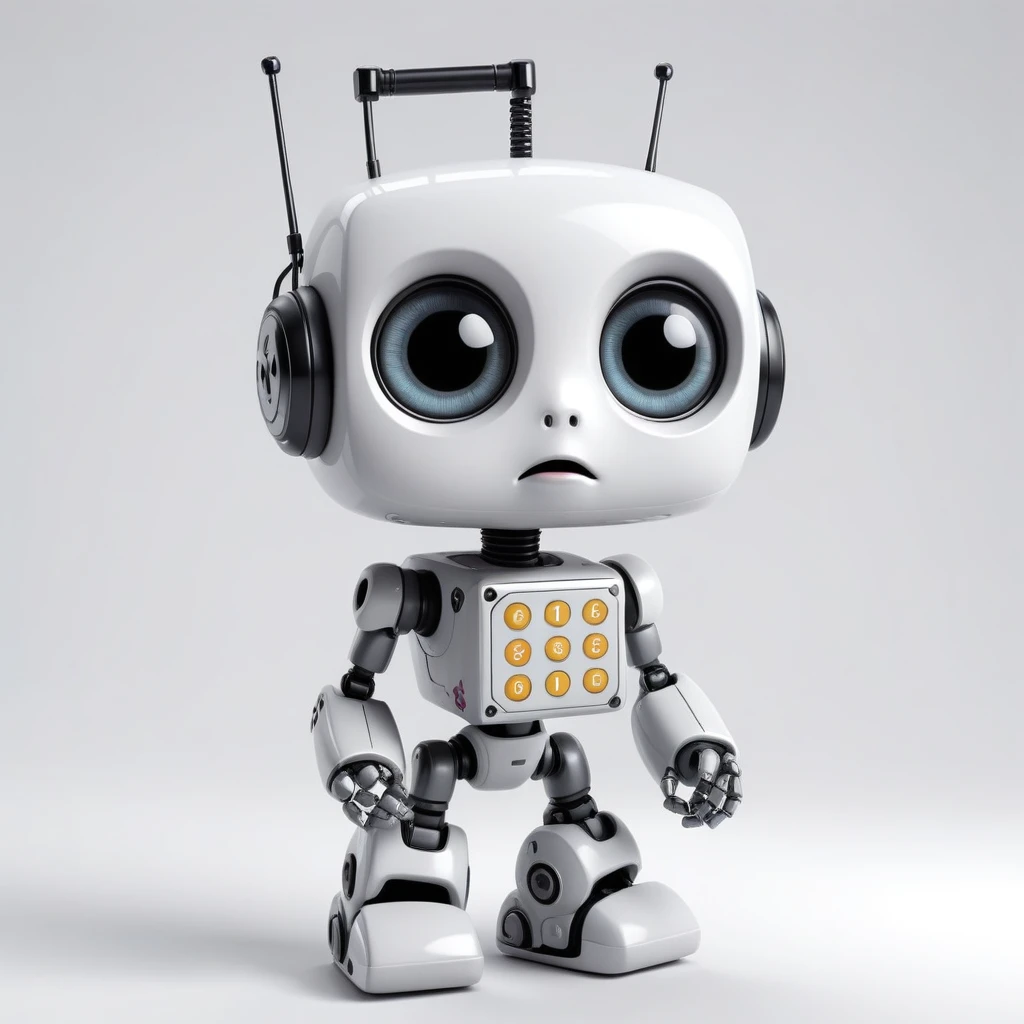 「Lost in the digital world」、A cartoon-style robot with a dice motif,A cute robot、Big eyes、Eyes closed view、antenna、Electronic display panel on chest、Holding the microphone close to your mouth、whole body、Background is white、Mouth closed