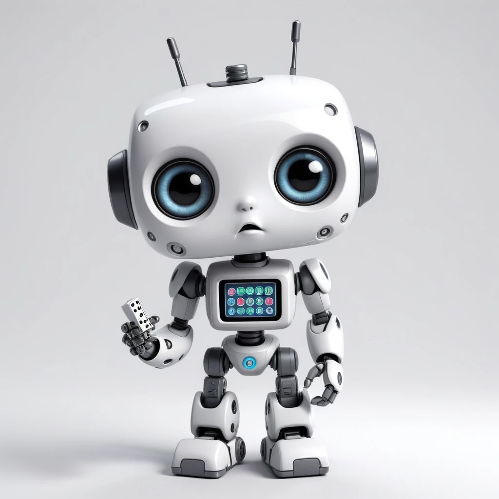 「Lost in the digital world」、A cartoon-style robot with a dice motif,A cute robot、Big eyes、Eyes closed view、antenna、Electronic display panel on chest、Holding the microphone close to your mouth、whole body、Background is white、Mouth closed