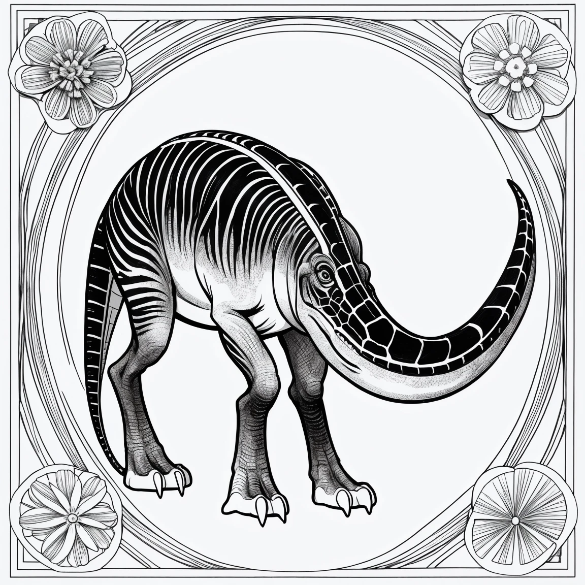 [As a coloring book, white and black color, borders should be simple, clear, distinct, and thick lines], [By Cartoon Style of dinosaur], [Feature], [Place], [Flower] --ar 3:4 --s 150
