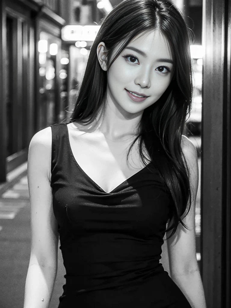 ((Mature woman standng on a street)),(( B&W dress:1.2)). 40k, Photography, masutepiece, Best Quality, dark grey background, ((Mature Women, waifu, mami, A MILF)), ((voluptuous breasts)), Perfect face, perfect , ((Two_girl with brown eyes and gorgeous bright black hair)). a Pretty Japanese woman,wet hair look, completely soft chest and white skin,, ((Very soft breasts)). Ultra-detailed face, Detailed eyes, looking into camera, embarrassed, Smile, closed lips, closed mouth, closed lips, no teeth, nightime, smooth light on face, vivid