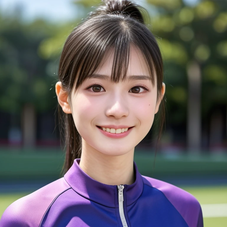 (kawaii 18 year-old Japanese girl, Nogizaka idol, Korean idol, track and field player), healthy female athlete body, (glossy black hair, high ponytail, bangs:1.2), beautiful black eyes, rounded face, single eyelid, (no makeup:1.2), (big laughing), (light pink track jacket, sports leggins:1.2), extra small breasts, BREAK, (park background, turf, summer, sunny daytime:1.2), (dynamic angle, bust shot:1.2), BREAK, (masterpiece, best quality, photo realistic, official art:1.4), (UHD, 8K quality wallpaper, high resolution, raw photo, golden ratio:1.3), (shiny skin), professional lighting, physically based rendering, award winning, (highly detailed skin texture, extremely detailed face and eyes textures), Carl Zeiss 300 mm F/2.8, depth of field, (1girl, solo),