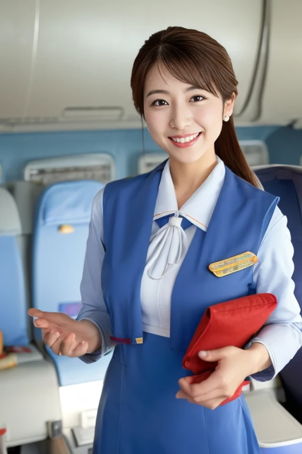 best quality, masterpiece, beautiful Japanese woman,( ((stewardess))), ((inside an airplane)), smiling, huge breasts