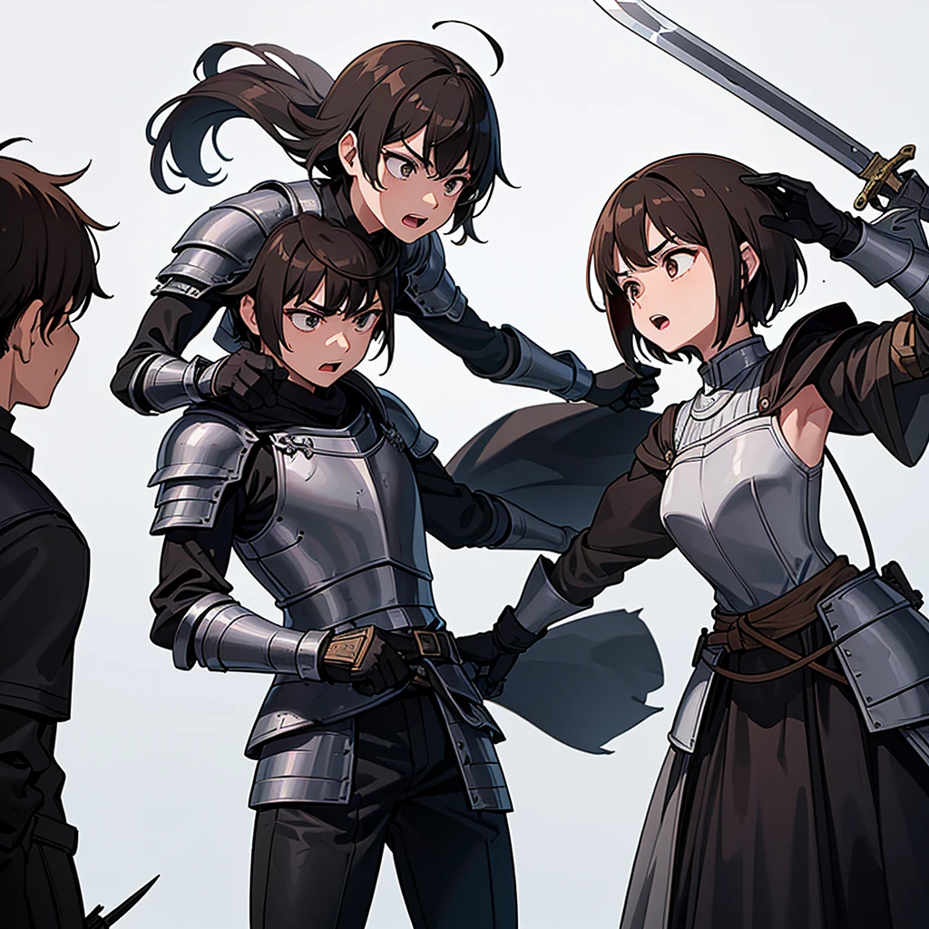 Best illustrations、Best Quality、(((Simple grey armor、Black trousers、Black gloves、Short Hair、Brown Hair、20 year old man)))、(((Grab the sword、Get Ready)))、(Old ruins、desert。Grass)、Fall to the floor、(Black, muddy swamp)、(仮面の中世の騎士が10 people)、(get annoyed、Open your mouth、Get angry)、(lots of medieval knights、10 people)、battlefield、(From below)、(White background)