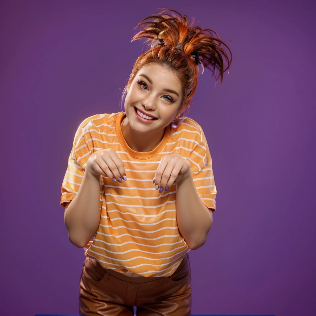 This image captures a young woman with vibrant, fiery orange hair styled in an exuberant updo, giving her a playful and energetic look. She is leaning forward playfully, resting her chin on her hands, with a beaming smile that lights up her face. Her makeup is cheerful and enhances her features, with peach-toned blush and matching eyeshadow. She's wearing a casual, striped orange and white t-shirt that complements her bright hair. The purple background contrasts sharply with her hair and shirt, emphasizing her lively and joyful demeanor.аffects render, (glossy plastic texture with multiple big light probe refractions), perfect cgi, smooth silhouette, high intensity refraction, (super glossy plastic material), most beautiful vfx, , realistic, 4k, high resolution, rim light, smooth 3d model, multiple light sources, rim light, sharp post effects render,, realistic, 4k, high resolution, rim light detailed digital art, reflective, best quality, 4k, masterpiece:1.2, ultra-detailed, realistic, vivid colors, The image of the highest quality, ensuring every detail showcased perfectly. It in 4k resolution, allowing viewers to immerse themselves in the richness of the colors and intricate details. The realistic rendering. under the spotlight, reflecting, high-resolution image, realistic rendering