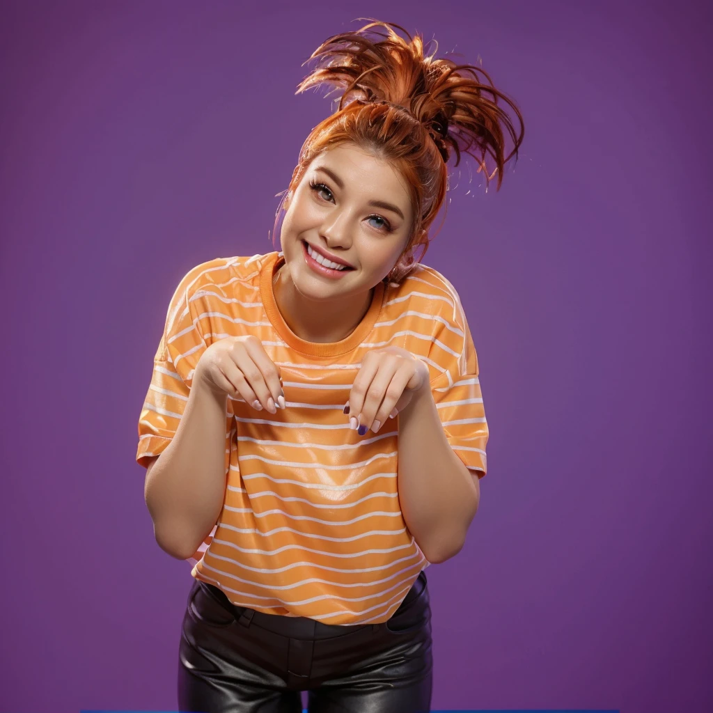 This image captures a young woman with vibrant, fiery orange hair styled in an exuberant updo, giving her a playful and energetic look. She is leaning forward playfully, resting her chin on her hands, with a beaming smile that lights up her face. Her makeup is cheerful and enhances her features, with peach-toned blush and matching eyeshadow. She's wearing a casual, striped orange and white t-shirt that complements her bright hair. The purple background contrasts sharply with her hair and shirt, emphasizing her lively and joyful demeanor.аffects render, (glossy plastic texture with multiple big light probe refractions), perfect cgi, smooth silhouette, high intensity refraction, (super glossy plastic material), most beautiful vfx, , realistic, 4k, high resolution, rim light, smooth 3d model, multiple light sources, rim light, sharp post effects render,, realistic, 4k, high resolution, rim light detailed digital art, reflective, best quality, 4k, masterpiece:1.2, ultra-detailed, realistic, vivid colors, The image of the highest quality, ensuring every detail showcased perfectly. It in 4k resolution, allowing viewers to immerse themselves in the richness of the colors and intricate details. The realistic rendering. under the spotlight, reflecting, high-resolution image, realistic rendering