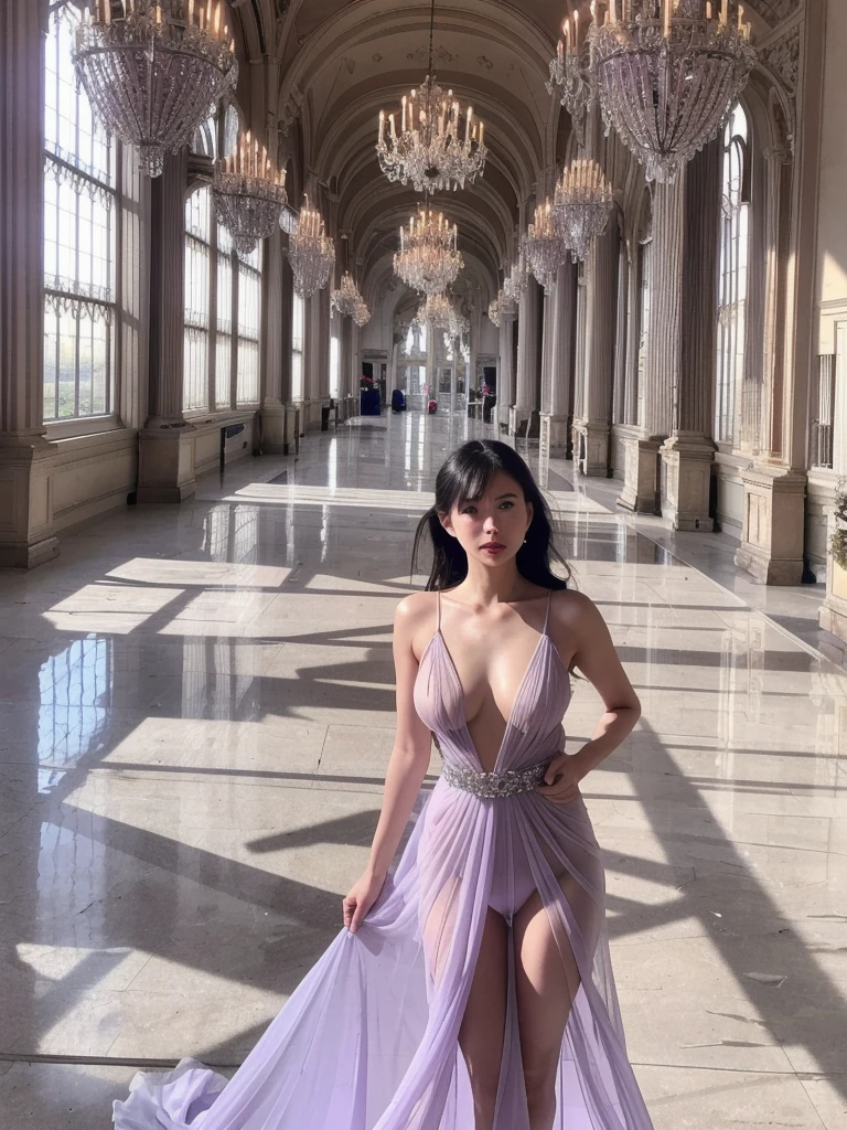 live-action, 4K, Beautiful women in their 30s, Transparent long dress in lavender crystal material, Sleeveless, Ample breasts, Hair tied up in a ponytail, Black Hair,  Walking gracefully in the gentle breeze, Inside the large room of the Crystal Palace, The walls and floors are made of crystal, Light reflecting on the floor, Flat contrast overall