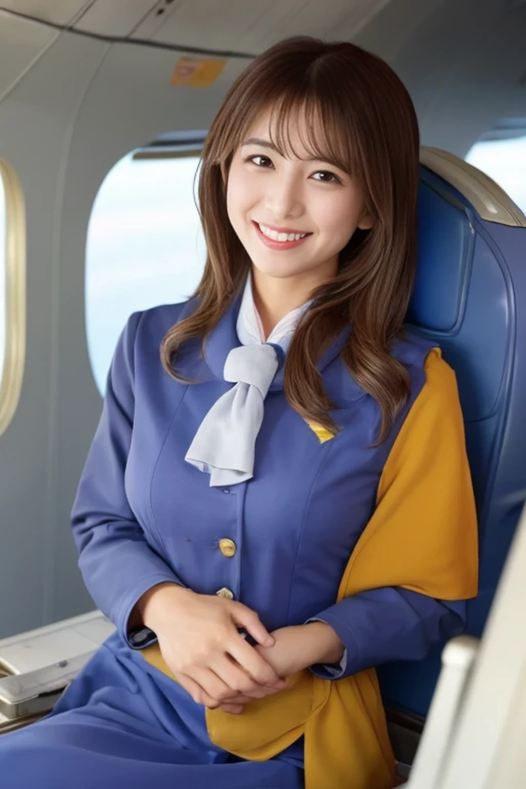 best quality, masterpiece, beautiful Japanese woman,( ((stewardess))), ((inside an airplane)), smiling, huge breasts