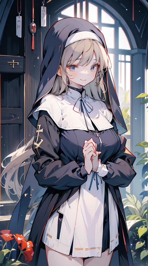 nun，nun服，黑白nun服，Colored hair，nun头巾，Big breasts，Full of figure，Close-up above the waist，Upper body close-up，Church Background，Stained window glass，Mosaic art background，nun，高开叉nun长袍，黑白Knee socks，黑白Knee socks，Knee socks，黑色过膝Silk socks，Silk socks，情趣nun服，High slit robe，New slit skirt，Silk socks，Knee socks，Flesh，nun长袍，Robe hem，Robe hem，Long hem robe，Front of robe，Long skirt，Long skirt，Long skirt，Long front robe，Front of robe，Side of the thighs，Long blond hair，blond，cute，gentle，Smile，慈爱的Smile，Wide crotch，Wide crotch，Thin waist，Flesh大腿，Robe front hem，