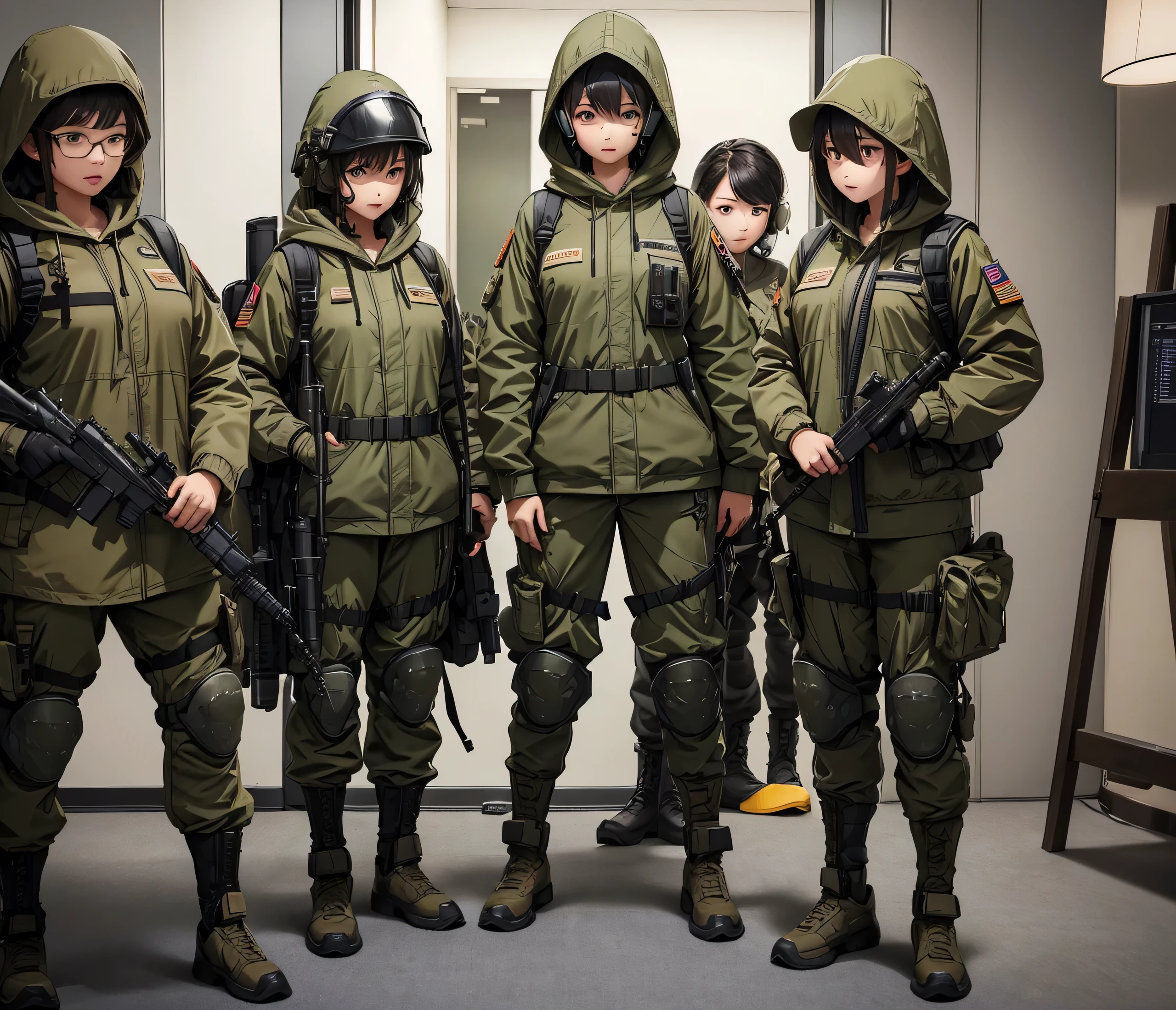 A group of female soldiers in the communications room,All wear tan M-51 hooded military uniforms、Hooded on head、Wear a communication headset、Military Pants、Knee pads,Write details、masterpiece、best quality、Highly detailed CG、8K picture quality