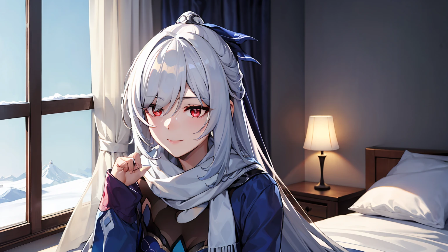 masterpiece, best quality, JingliuV5, white hair, long hair, red eyes, white dress, white sailor collar, white scarf, sitting on bed, indoors, bedroom, windows, blue sky, winter, snow, warm smile, upper body. closed mouth,