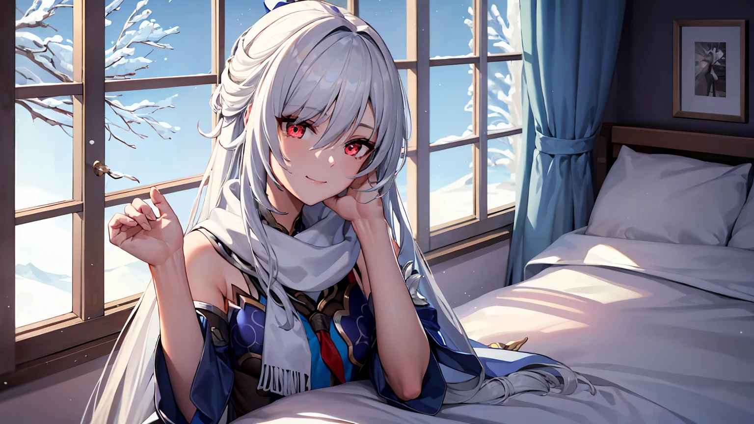 masterpiece, best quality, JingliuV5, white hair, long hair, red eyes, white dress, white sailor collar, white scarf, sitting on bed, indoors, bedroom, windows, blue sky, winter, snow, warm smile, upper body. closed mouth,