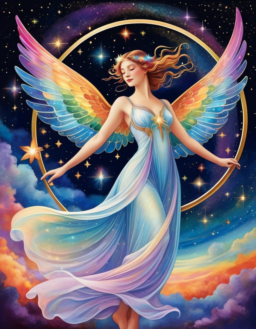 A celestial beauty with rainbow wings and a halo of stars, Swirling galaxy and space dust in the background. Inspired by Art Nouveau, Her appearance is graceful and elegant, Flowing lines and organic shapes evoke the beauty of the natural world.