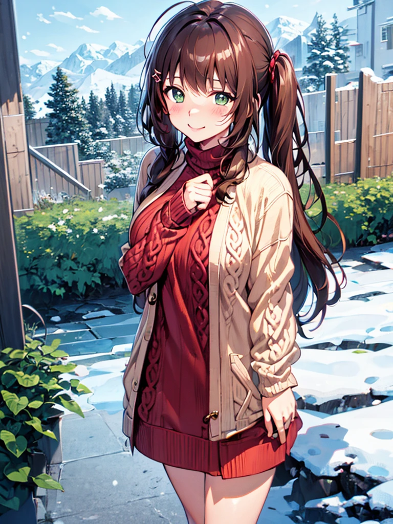 {{{{masterpiece}}}}, {{{hyper detailed}}}, {{{highres}}}, {{good anatomy}}, (((best quality))), ((anime style,anime charater)),(((green eyes,brown hair))),natural landscape ,big perfect eyes,(((winter sweater))), (((red sweater))), hairclip, {8k cg wallpaper}, {{illustration,upper shot}},((blunt long hair|)),smile,(1girl:1), solo, (chromatic aberration:1.2), little shy smile,cheery blush face,neat face,