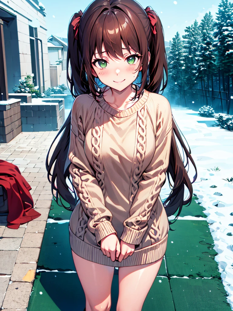 {{{{masterpiece}}}}, {{{hyper detailed}}}, {{{highres}}}, {{good anatomy}}, (((best quality))), ((anime style,anime charater)),(((green eyes,brown hair))),natural landscape ,big perfect eyes,(((winter sweater))), (((red sweater))), hairclip, {8k cg wallpaper}, {{illustration,upper shot}},((blunt long hair|)),smile,(1girl:1), solo, (chromatic aberration:1.2), little shy smile,cheery blush face,neat face,