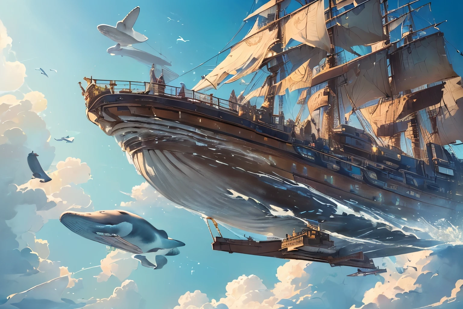 (remote々and a realistic whale flying in the sky、Equipped with anti-gravity device:1.4)、(Steampunk steam ship flying in the sky:1.2)、(A whale and a sailing ship fly side by side in the sky:1.2)、Fantastic World、(Steampunk World)、Steampunk design、Detailed steampunk illustration、delicate and dynamic、(Super detailed alcohol ink paintings:1.2)、vintage、Cinematic、