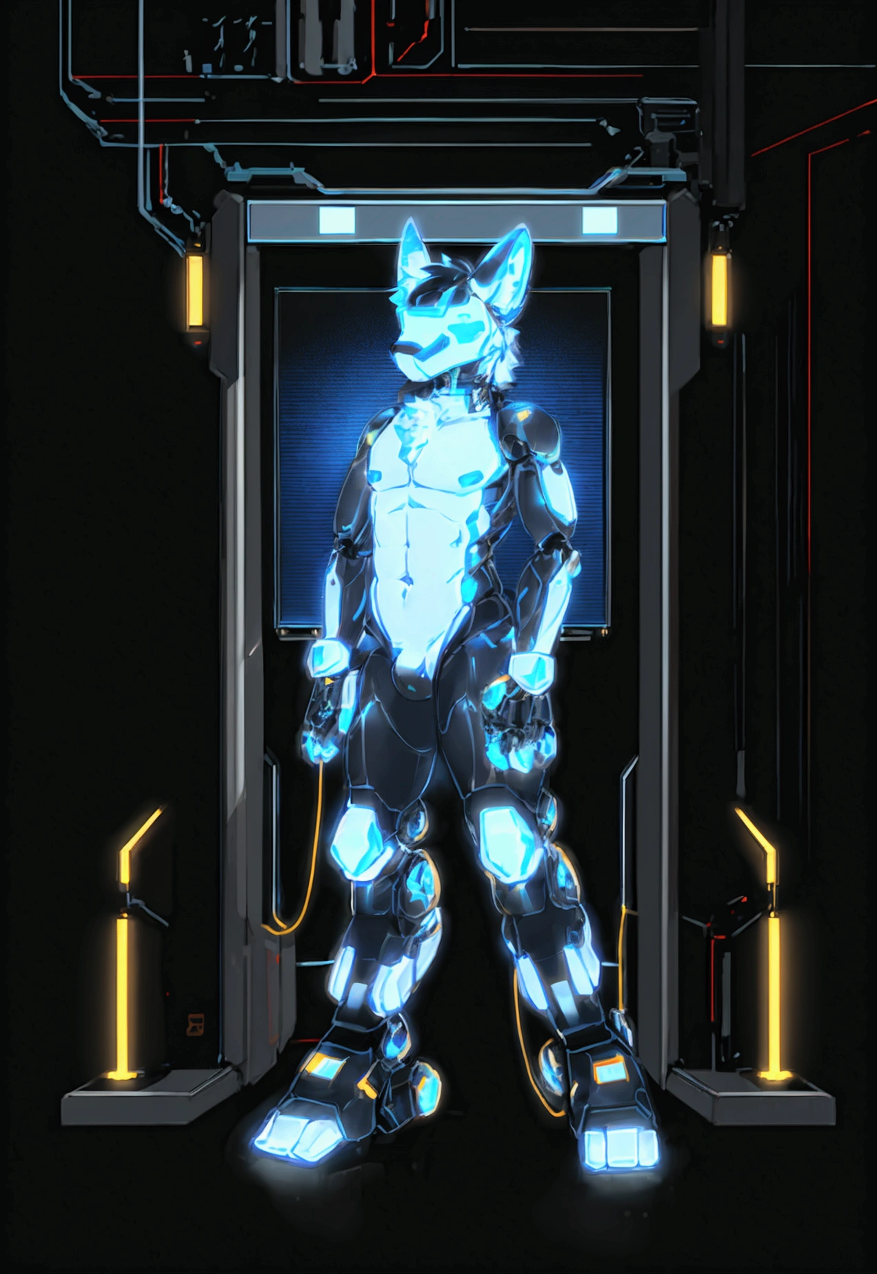 a mechanical dog with pixelated display screen face, mechanical dog limbs and body, sharp mechanical dog ears, blue fur and white belly, full body