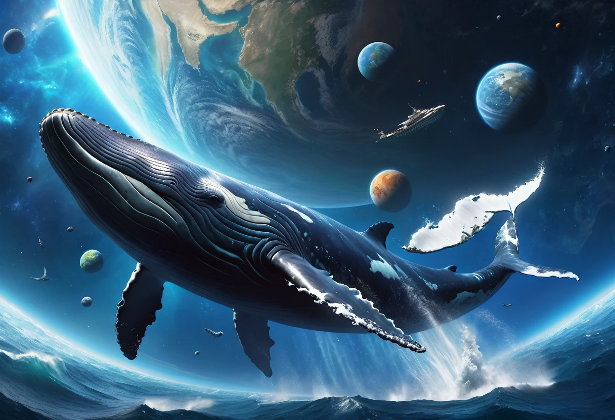 ((Masterpiece, top quality, high resolution)), ((highly detailed CG unified 8K wallpaper)), A huge whale is swimming in space, this whale is flying away from its home planet to a new planet,