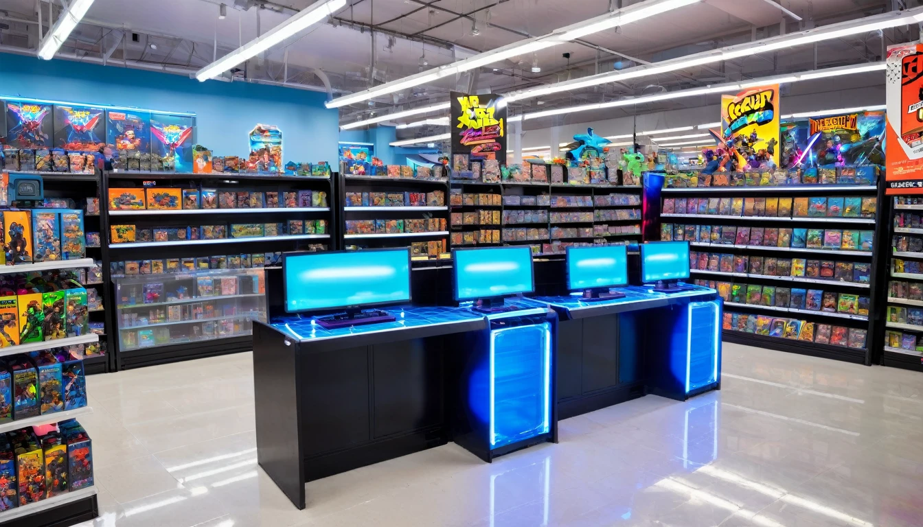 online game store, video game aisle, action figure aisle, neon lights, computer station in front