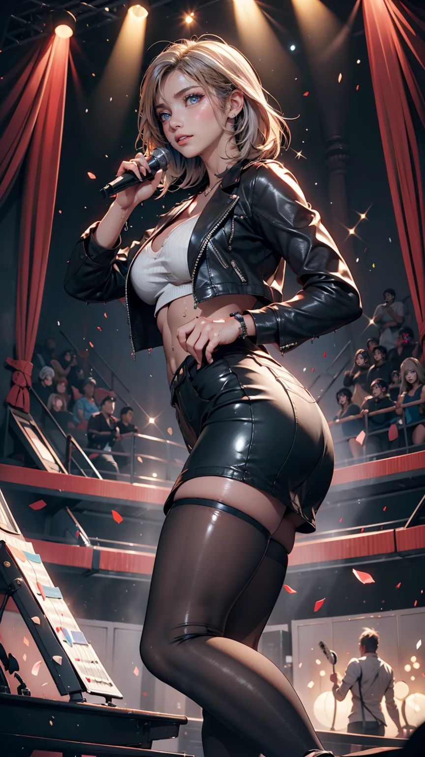 Hi res, masterpiece, 8k, nsfw, nightclub, night, nightclub illumination, ann takamaki, (gigantic tits: 1.6), (dense pubic hair: 1.4), (naked: 1.4), (black transparent top: 1.6), (open denim mini skirt: 1.4), (black lace-trimmed stockings: 1.4), (black high heels: 1.4), lewd expression, slutty face, erotic smile, (she is standing in a erotic pose: 1.4),