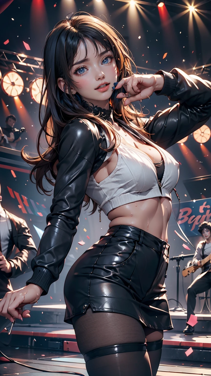(One girl:1.5), Wearing black fishnet tights, Wearing a black leather jacket, wearing black fishnet tights, Stiletto heel masterpiece, Highest quality, The finest details, Optimal ratio, Best Anatomy, Best Face, Chest of the best shape, Very large breasts , Big Ass, (Tall Girl), (15 year old Swedish ), (Long black hair), ((Female musician with handheld microphone):1.3)), Cowboy Shot, Panty shot, smile, blush, stage(background), ((Singing and dancing):1.4), ((Sweating too much):1.1), Hi-NRGミュージシャン, Torn clothes, Nipples, lips, nose, Pale skin, Silver Hair, blue eyes, Fair breasts, Tight waist, pink Nipples, topless:1.3, Wet clothes, Dark eyelids, Mirror ball,