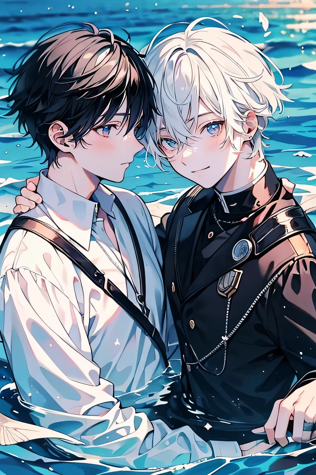 (Piece Fly), (best quality), Very detailed, ((Two friendly men)), Perfect face, Pretty Face, Very detailed face,(Black-haired man:1.3),(White haired man:1.3),Smile,in the sea,Sunlight only