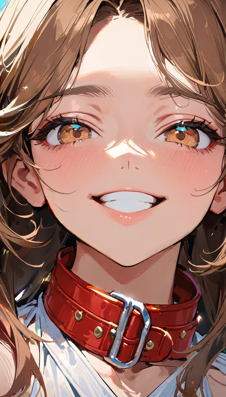 23 years old ,masterpiece , modern, Verism, masterpiece, super detail, best quality, 4K , A beautiful woman , Brown Hair,An angelic smile, ((Close-up of face)) , White dress with collar