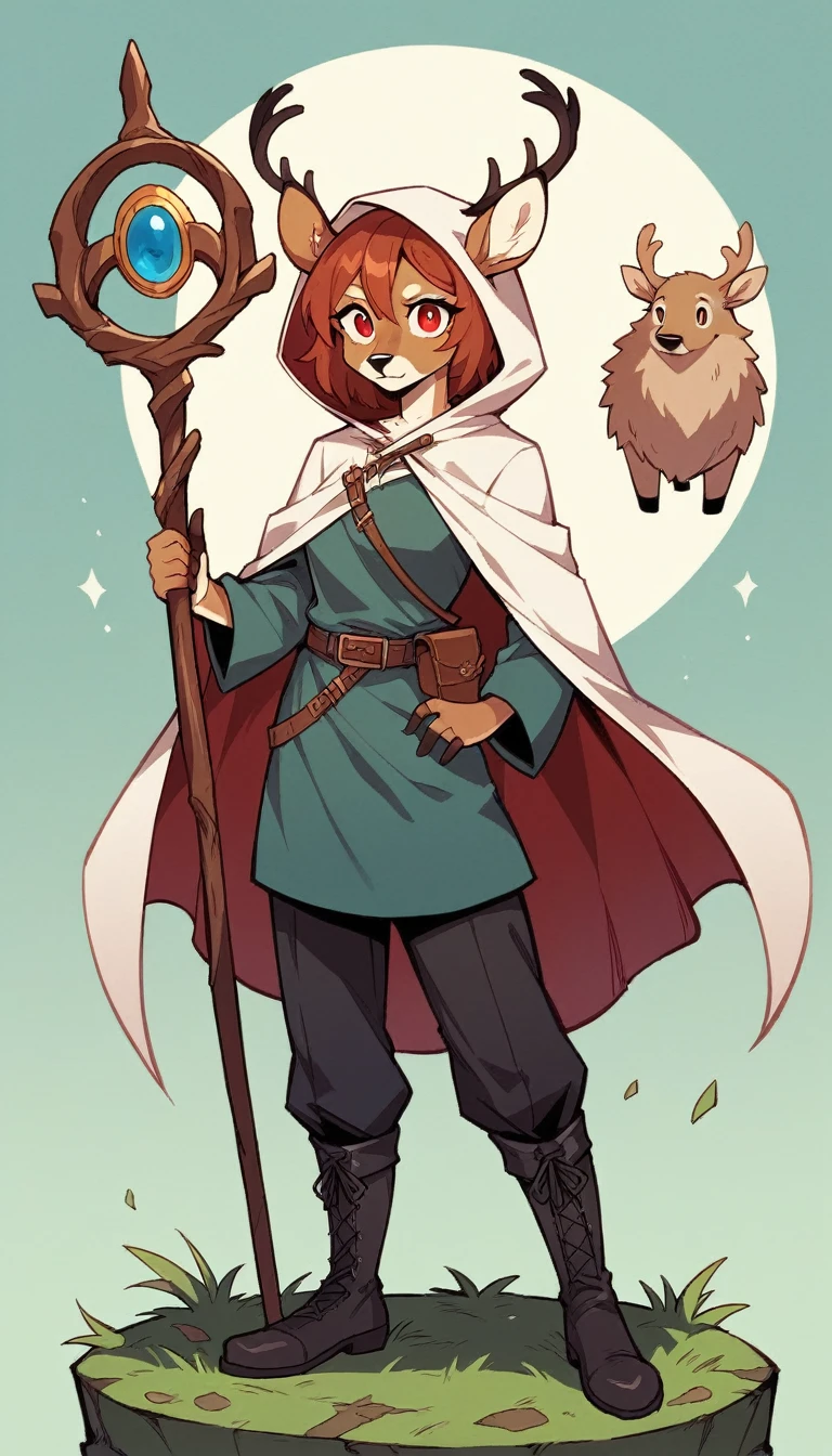Solo female, furry, deer, right eye blue, left eye red eyes, auburn hair, deer trophies, white hooded cloak, dark red tunic uniform,with a white stripe on the front, a belt on the tunic, black trousers, black boots witha buckle underneath ,On his cloak, there is a golden round stone with the shape of an eye engraved on it, A staff in his hand.