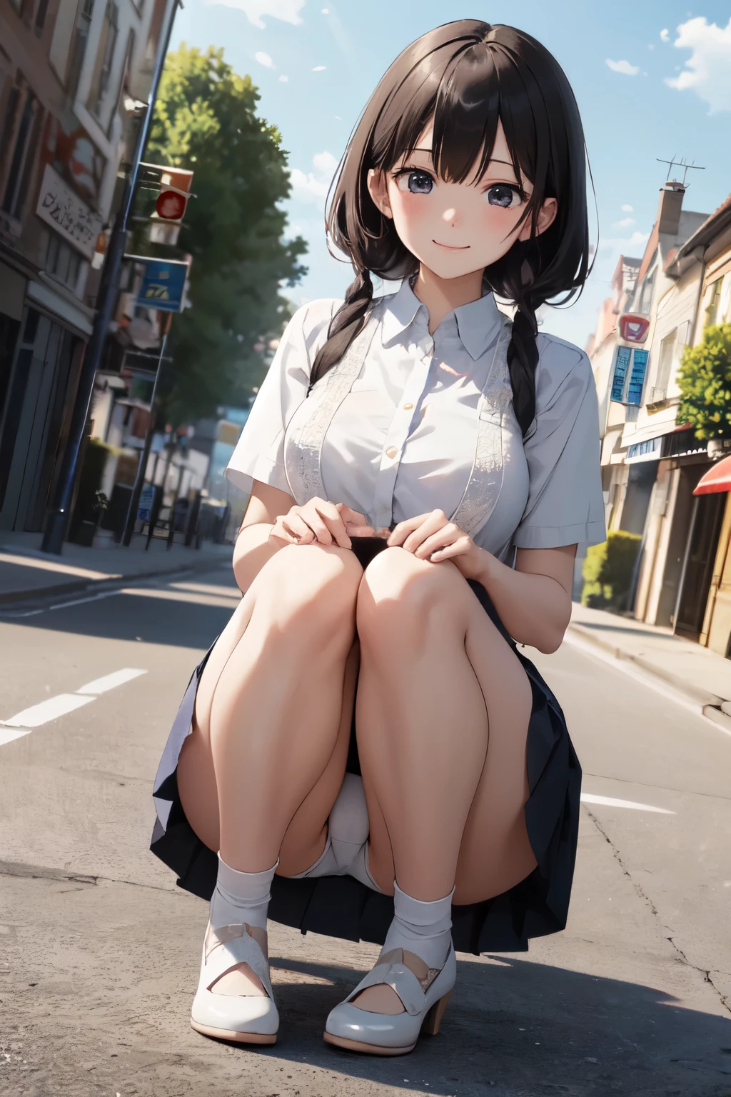 very cute and beautiful girl,(Very detailed美しい顔), (smile),blush,Black Hair,Seraphim,(White Shirt、Pleated navy blue pread your legs、Squat)、Sitting、(From below)、(Lacy white panties), Country road、Distant Tree々and the city, (Highest quality,masterpiece:1.0),Absurd,High resolution,Super detailed,Very detailed,32K,8k resolution, Intricate details,Movie Scenes,Detailed Background,alone,Dynamic Angle,