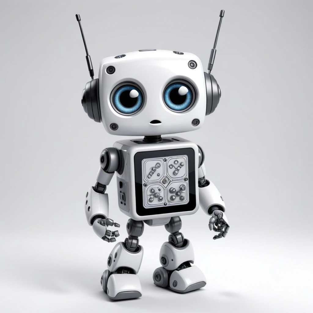 「Lost in the digital world」、A cartoon-style robot with a dice motif,A cute robot、Big eyes、Eyes closed expression、antenna、Electronic display panel on chest、Holding the microphone close to your mouth、whole body、Background is white、Mouth closed