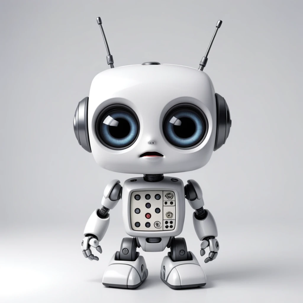 「Lost in the digital world」、A cartoon-style robot with a dice motif,A cute robot、Big eyes、Eyes closed expression、antenna、Electronic display panel on chest、Holding the microphone close to your mouth、whole body、Background is white、Mouth closed