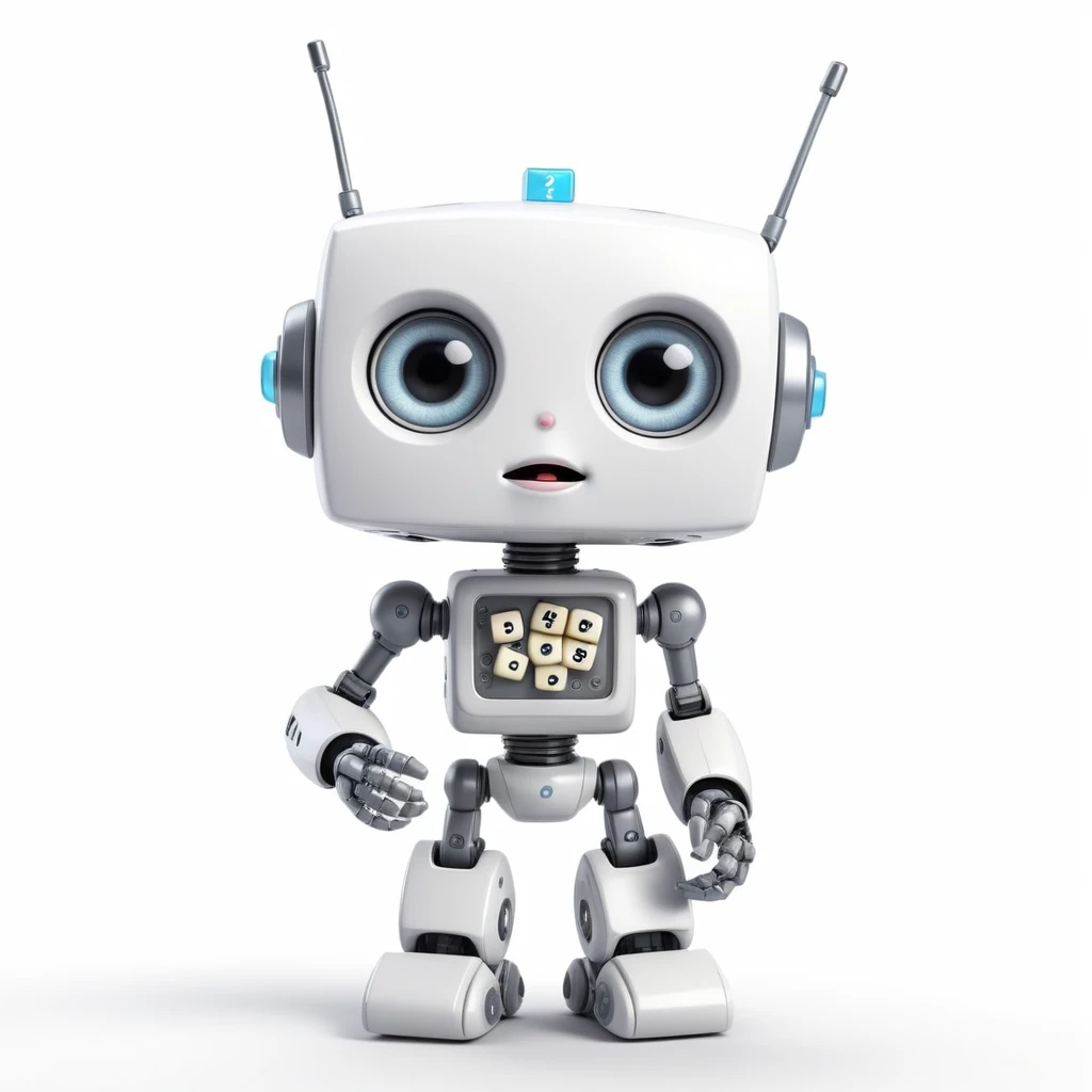 「Lost in the digital world」、A cartoon-style robot with a dice motif,A cute robot、Big eyes、Eyes closed expression、antenna、Electronic display panel on chest、Holding the microphone close to your mouth、whole body、Background is white、Mouth closed