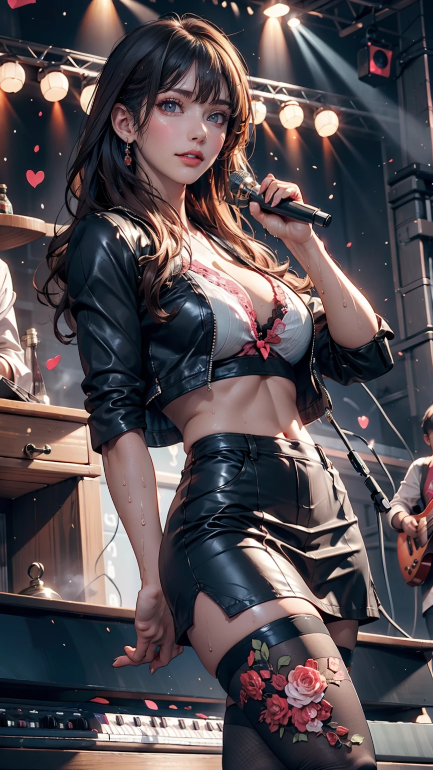 (One girl:1.5), Wearing black fishnet tights, Wearing a black leather jacket, wearing black fishnet tights, Stiletto heel masterpiece, Highest quality, The finest details, Optimal ratio, Best Anatomy, Best Face, Chest of the best shape, Very large breasts , Big Ass, (Tall Girl), (15 year old Swedish teen), (Long black hair), ((Female musician with handheld microphone):1.3)), Cowboy Shot, Panty shot, smile, blush, stage(background), ((Singing and dancing):1.4), ((Sweating too much):1.1), Hi-NRGミュージシャン, Torn clothes, Nipples, lips, nose, Pale skin, Silver Hair, blue eyes, Fair breasts, Tight waist, pink Nipples, topless:1.3, Wet clothes,  Dark eyelids, Mirror ball,