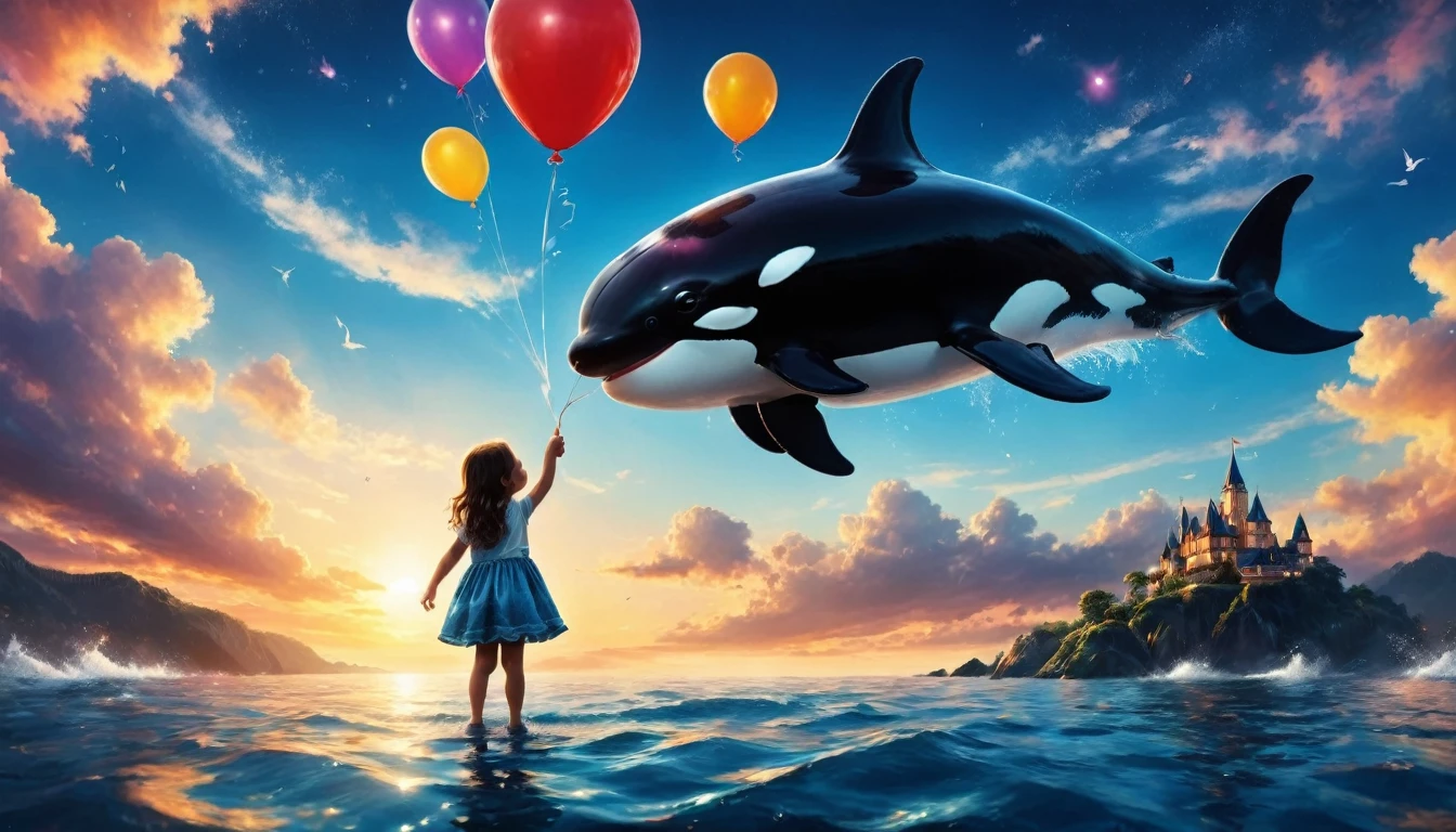 a digital paining of  balloon in the shape of killer whale being held by cute kindergarten girl, High Contrast, (masterpiece:1.5), highest quality, Best aesthetics), 16K fantasy art, best details, best quality, highres, (ultra wide angle: 1.2), 16k, [ultra detailed], masterpiece, best quality, (extremely detailed), magical sky, digital painting
