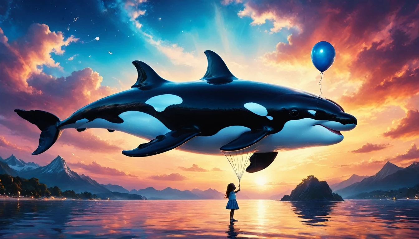 a digital paining of  balloon in the shape of killer whale being held by cute kindergarten girl, High Contrast, (masterpiece:1.5), highest quality, Best aesthetics), 16K fantasy art, best details, best quality, highres, (ultra wide angle: 1.2), 16k, [ultra detailed], masterpiece, best quality, (extremely detailed), magical sky, digital painting