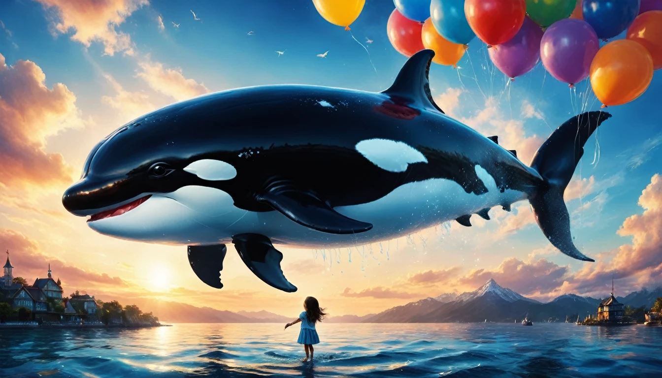 a digital paining of  balloon in the shape of killer whale being held by cute kindergarten girl, High Contrast, (masterpiece:1.5), highest quality, Best aesthetics), 16K fantasy art, best details, best quality, highres, (ultra wide angle: 1.2), 16k, [ultra detailed], masterpiece, best quality, (extremely detailed), magical sky, digital painting